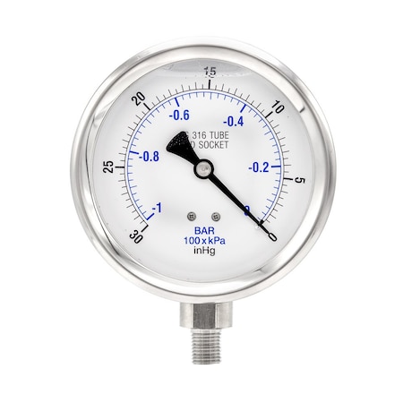 Pro 4 in Dial, 30/0 in Hg Vac PSI & Bar, 1/4 in NPT, Lower Mount Glycerin Filled Pressure Gauge PRO-301L-404A-01